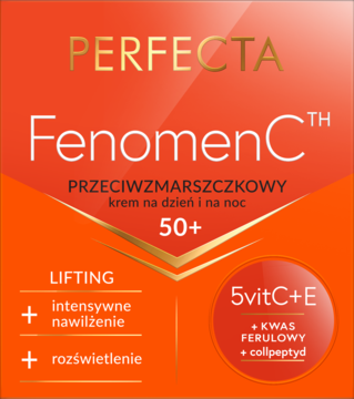 Perfecta FenomenC 50+ krem przeciwzmarszczkowy na dzień i noc, pomarańczowe opakowanie, złoty napis 50+.