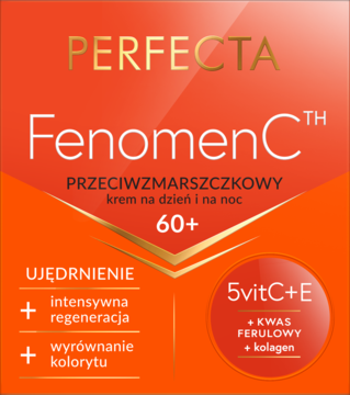 Perfecta Fenomen CTH 60+ przeciwzmarszczkowy krem, pomarańczowe opakowanie z napisem 5vitC+E, widok z przodu.