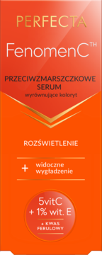 Perfecta Fenomen C™ przeciwzmarszczkowe serum, pomarańczowe opakowanie, przód, z 5vitC, 1% wit. E, kwasem ferulowym.