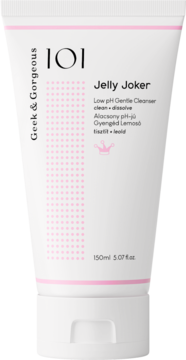 Biała tubka Geek & Gorgeous 101 Jelly Joker Low pH Gentle Cleanser, z różowymi detalami, widok z przodu.