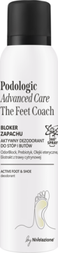 Podologic The Feet Coach, aktywny dezodorant do stóp i obuwia z trawą cytrynową, biała butelka, widok z przodu.