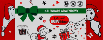 Kalendarz adwentowy Bubalicious dla psa, czerwony z białym tłem, psem w czapce Mikołaja i zieloną kokardą.