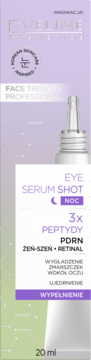 Fioletowo-białe pudełko Eveline Eye Serum Shot Noc 20ml z 3x peptydami, retinalem, żeń-szeniem. Widok z przodu.