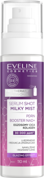 Biały spray Eveline Serum Shot Milky Mist z fioletową etykietą. Widok z przodu. Formuła NAD+, Kolagen, Glazing Effect.