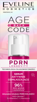 Eveline AGE BACK CODE PDRN Longevity Serum odmładzające, różowa butelka z pompką.