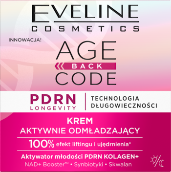 Różowo-białe opakowanie Eveline AGE BACK CODE, Krem Aktywnie Odmładzający PDRN LONGEVITY, tech. długowieczności.