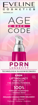 Eveline Age Back Code PDRN Longevity liftingujący krem pod oczy, różowa butelka z srebrnym aplikatorem, widok z przodu.