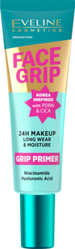 Eveline Face Grip Primer w turkusowej tubce ze złotym topem i różowym napisem. Baza pod makijaż 24H, długa trwałość.