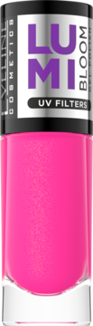 Lakier do paznokci LUMI BLOOM w neonowym różu, z filtrami UV, butelka z czarną nakrętką, widok z przodu.