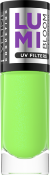 LUMI BLOOM lakier do paznokci w butelce, neonowa zieleń z filtrami UV, fioletowy napis, widok z przodu.