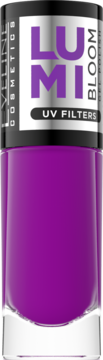 Fioletowy lakier do paznokci LUMI BLOOM z filtrami UV, błyszczące wykończenie, widok z przodu na biało-srebrnej etykiecie.