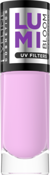 LUMI BLOOM lakier do paznokci z filtrami UV, pionowa szklana butelka w kolorze liliowym, widok z przodu.