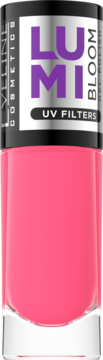 LUMI BLOOM fuksjowy lakier żelowy do paznokci z filtrami UV, butelka z czarną nakrętką. Widok z przodu.