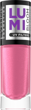 LUMI BLOOM lakier do paznokci, różowy z efektem shimmeru, w butelce z napisem 'UV FILTERS', widok z przodu.