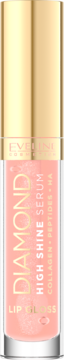Eveline Diamond High Shine Serum Lip Gloss, w jasnoróżowym odcieniu z drobinkami, ze złotą nakrętką, widok z przodu.