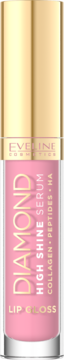 Eveline Diamond High Shine Serum Lip Gloss, różowy, z kolagenem i HA, w przezroczystej tubce, widok z przodu.