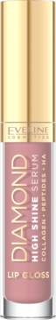 Eveline Diamond Lip Gloss, różowo-beżowy, serum z kolagenem, peptydami i HA, złota zakrętka, widok z przodu.