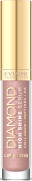 Eveline Diamond High Shine Serum lip gloss, shimmery pink, clear tube, gold cap, front view. Collagen+Peptides+HA.