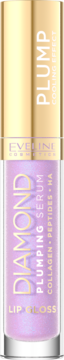 Eveline Diamond Plumping Serum Lip Gloss w liliowym kolorze z efektem chłodzącym, ze złotą nakrętką, widok z przodu.