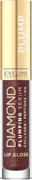 Eveline Diamond Plumping Serum Lip Gloss, shimmering ciemnoczerwony, złota nakrętka, widok z przodu, efekt chłodzenia.