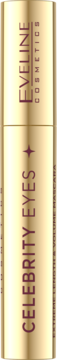 Złota Eveline Celebrity Eyes Extreme Length & Volume Mascara w pionowej tubce z fioletowym napisem, widok z przodu.