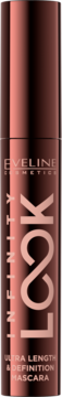 Eveline INFINITY LOOK tusz do rzęs. Lśniąca, rose gold tubka z napisami "Eveline" i "Ultra Length & Definition Mascara".