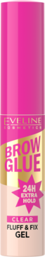 Eveline Cosmetics Brow Glue, różowy flakon z przezroczystym żelem do brwi, z przodu. Clear Fluff & Fix Gel.