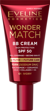 Eveline Wonder Match BB Cream SPF 50, 01 Ivory, czerwona tubka ze złotym tekstem, widok z przodu.