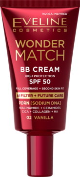 Eveline Wonder Match BB Cream SPF 50 w ciemnoczerwonej tubce, odcień 02 Vanilla, widok z przodu.