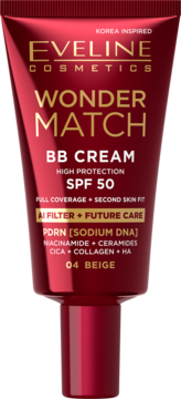 Eveline Wonder Match BB Cream SPF 50 04 Beige. Czerwona tubka z AI filtrem, wysoką ochroną i składnikami pielęgnacyjnymi, widok z przodu.
