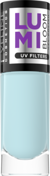 Błyszczący lakier LUMI BLOOM w pastelowym błękicie, butelka z czarną nakrętką, napis 'UV FILTERS'.
