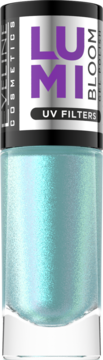LUMI BLOOM lakier do paznokci błękitny, błyszczący, z filtrami UV, widok z przodu butelki.