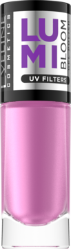 LUMI BLOOM, liliowy lakier do paznokci GEL POLISH z filtrami UV, butelka widok z przodu, błyszczące wykończenie.