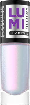 Lakier do paznokci AYLENE COSMETICS LUMI BLOOM, iryzujący różowo-niebieski z UV filtrami, w szklanej butelce.