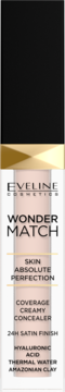 Eveline Wonder Match korektor w beżowym opakowaniu z czarną nakrętką, widok z przodu. Hyaluronic Acid.