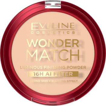 Okrągły puder Eveline Wonder Match Luminous Finishing Powder 16H AI Filter w czerwonym, lśniącym kompakcie, widok z góry.
