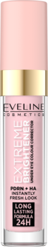Eveline Extreme Brightener korektor pod oczy, różowa butelka ze złotym paskiem, widok z przodu.