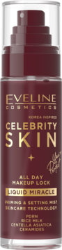 Eveline Celebrity Skin Liquid Miracle, ciemnoczerwona butelka z pompką, priming & setting mist z ryżem, widok przód.