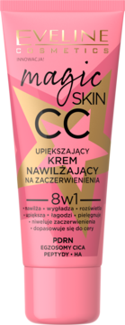 Eveline Magic Skin CC krem nawilżający na zaczerwienienia, adaptujący się do cery, różowa tubka z przodu.