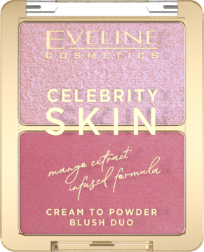Eveline Celebrity Skin Cream to Powder Blush Duo. Złota paletka, różowo-fuksjowy róż z połyskiem i matem, widok z góry.