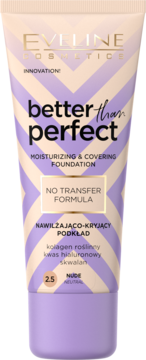 Eveline Better Than Perfect, nawilżający podkład w beżowo-fioletowej tubce z zygzakami, z napisem Nude Neutral.