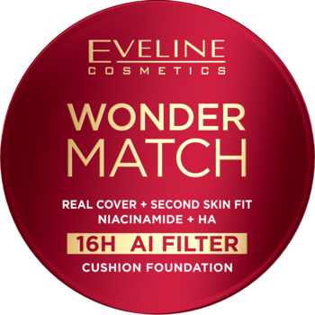 Czerwone logo Eveline Wonder Match Cushion Foundation, gold tekst, 16H AI Filter, pełne krycie, Second Skin Fit.