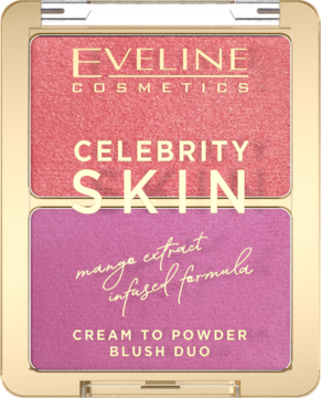 Eveline Celebrity Skin Cream to Powder Blush Duo, złote opakowanie z błyszczącym różem i matowym fioletem.