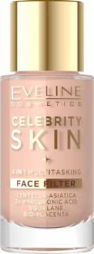 Jasnoróżowy Eveline Celebrity Skin Face Filter, 4w1, z kwasem hialuronowym i bio-placentą, widok z przodu.