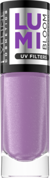 Maybelline Lumi Bloom lakier do paznokci, liliowy z perłowym połyskiem, butelka z UV FILTERS, widok z przodu.