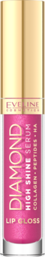 Eveline Diamond High Shine Serum Lip Gloss z Kolagenem, Peptydami, HA, różowy, ze złotą zakrętką.
