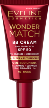 Eveline Wonder Match BB Cream SPF 50, ciemnoczerwona tubka z napisami o AI Filter, Nude 03. Widok z przodu.