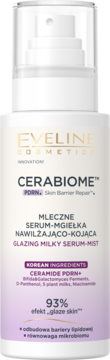 Eveline Cerabiome serum-mgiełka nawilżająco-kojąca w białej butelce z atomizerem, widok z przodu, fioletowe detale.