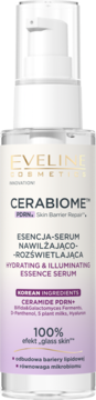 Eveline CERABIOME Serum Nawilżające z ceramidami w białej butelce z pompką, front, fioletowe detale.
