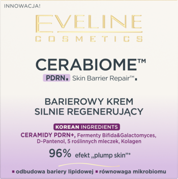 Front biało-fioletowej etykiety Eveline Cerabiome PDRN, barierowy krem regenerujący z ceramidami i kolagenem.